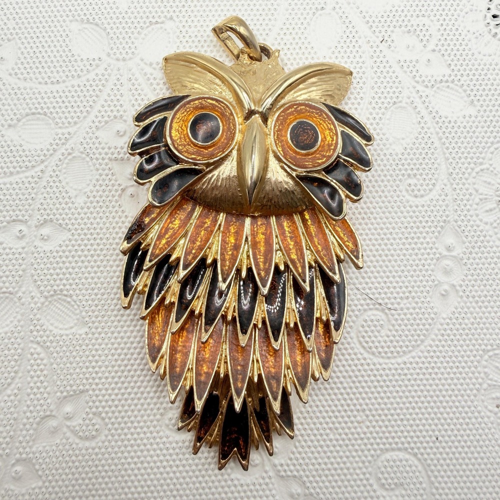 Vintage SAO Autumn Orange Brown & Gold Tone Articulated Owl Pendant